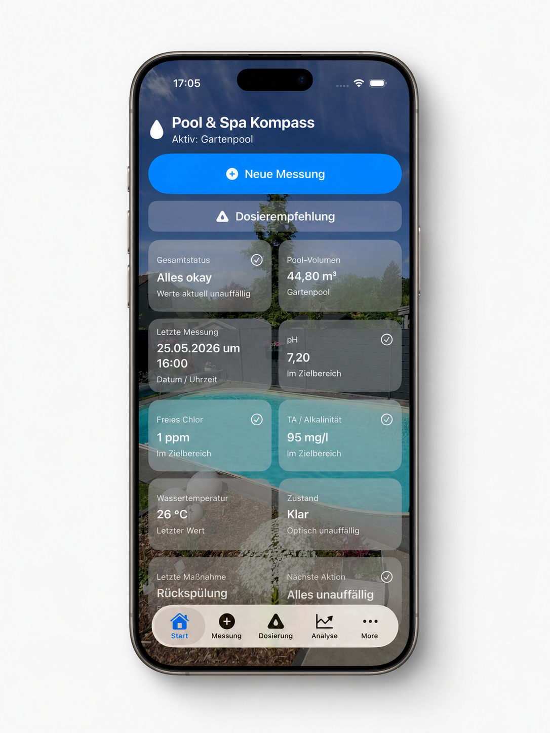 Screenshot der Pool App Startseite mit Übersicht der aktuellen Wasserwerte