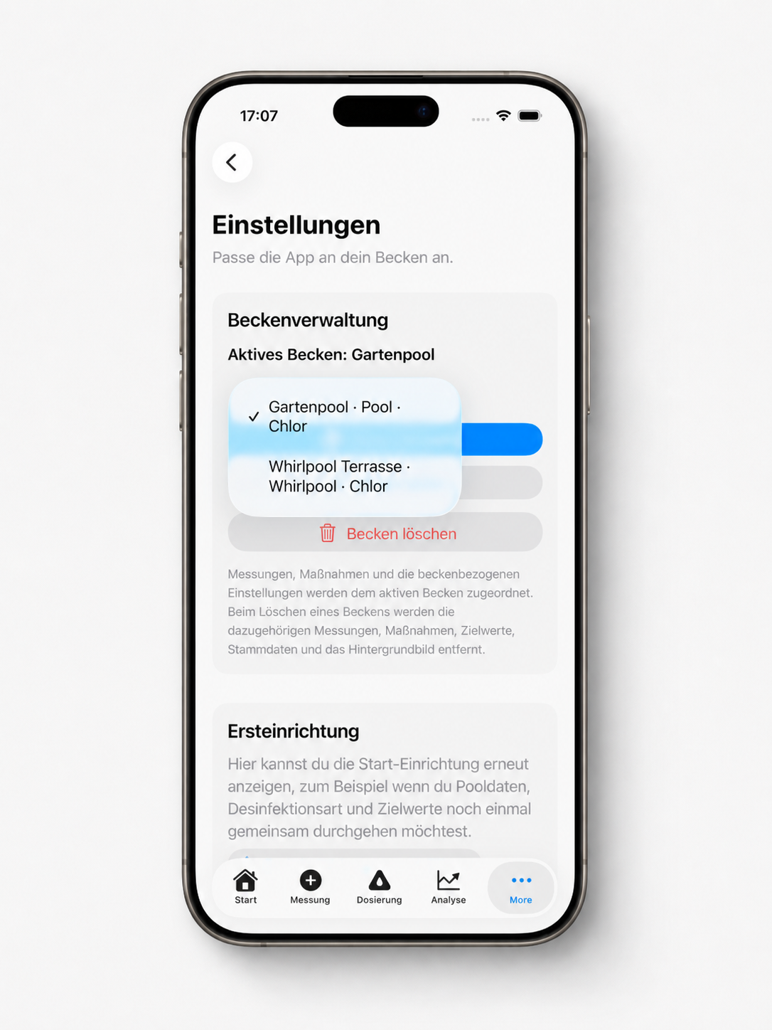 Screenshot: Einstellungen und Beckenverwaltung der Pool App