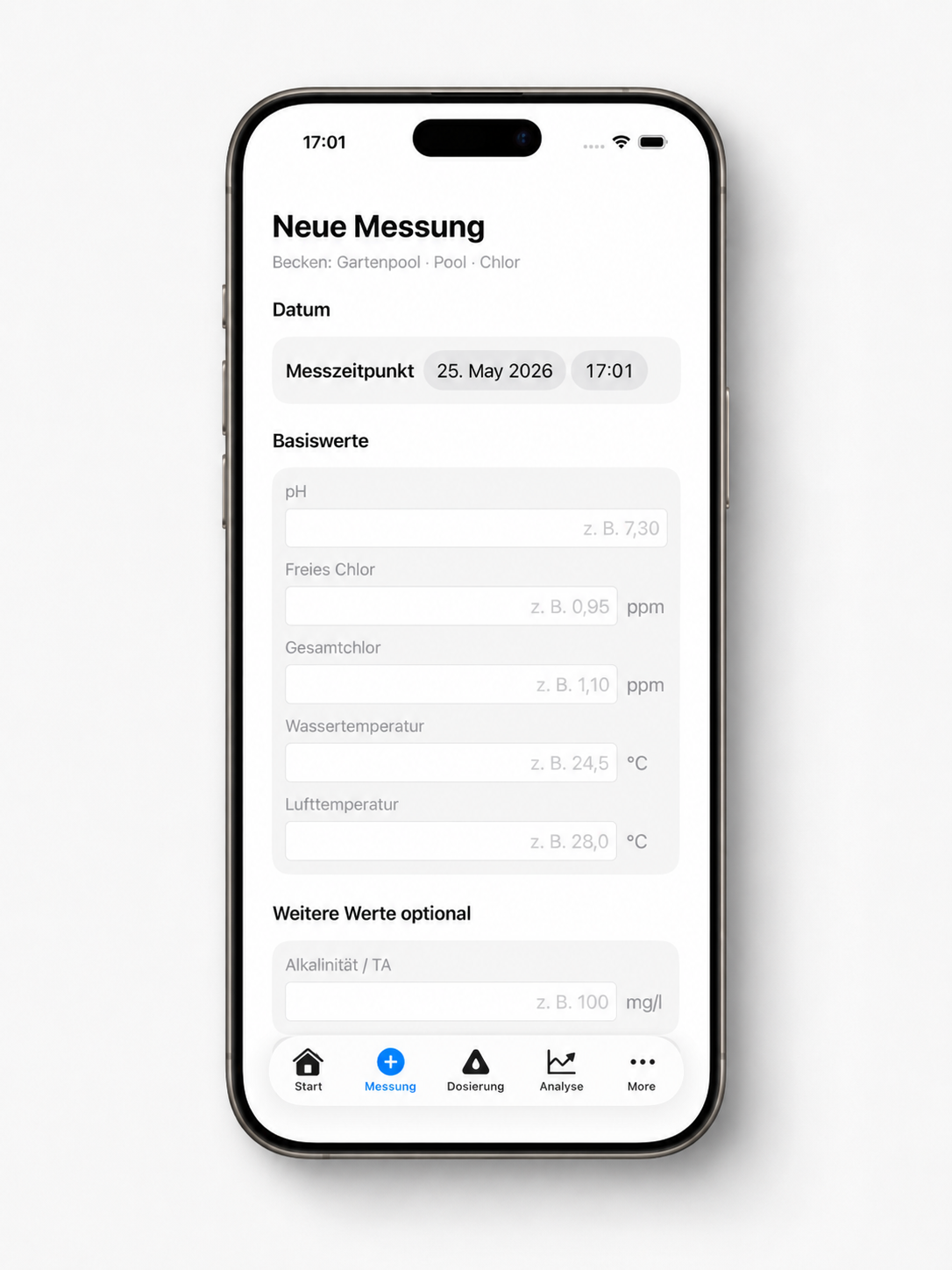 Screenshot: Neue Messung in der Poolpflege App mit pH, Chlor, TA und Temperatur